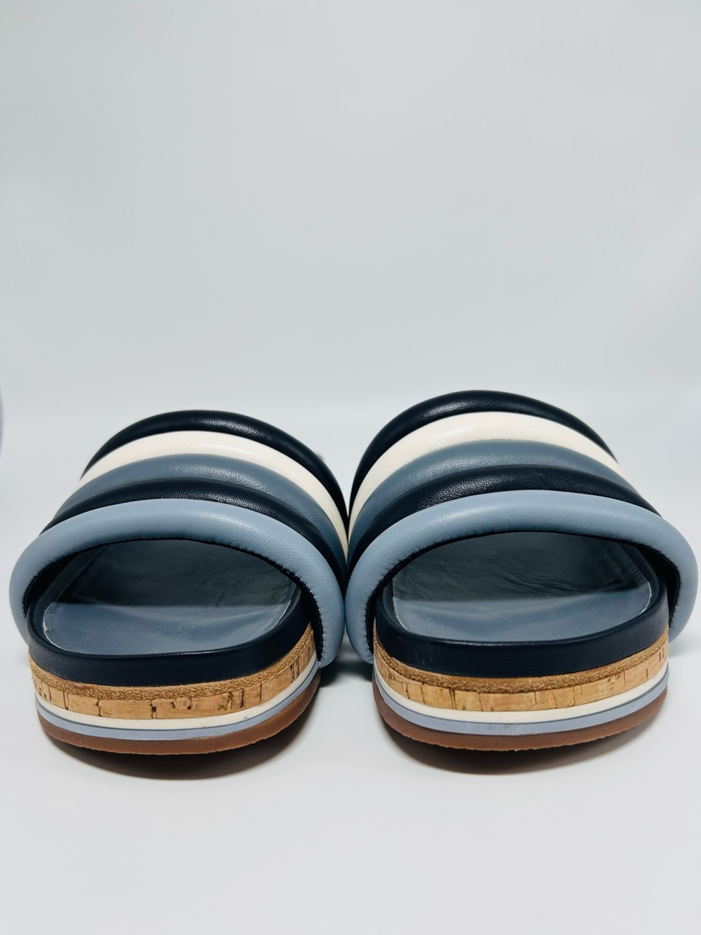 Tory Burch quilted platform slide sandals, colorblock navy, white, & blue. 8.5 - Picture 2 of 9